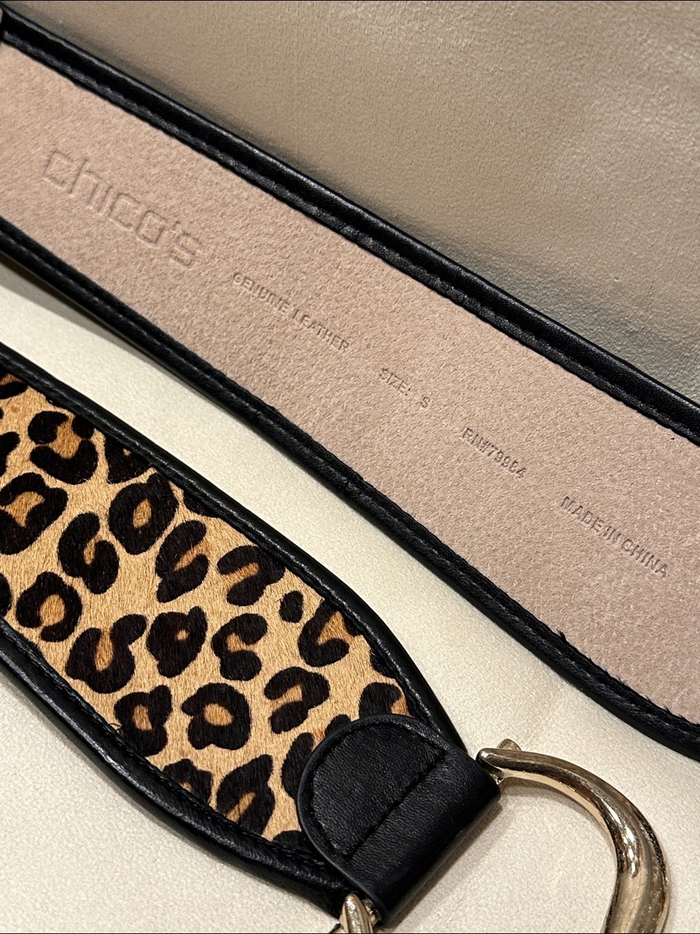 Chico's Leopard-Print Calf Leather Belt with Gold Double Ring Interlock Buckle S - Picture 6 of 9